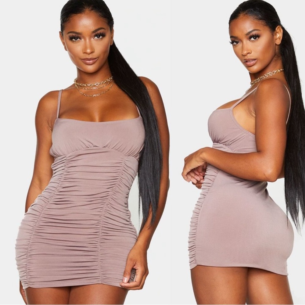 PrettyLittleThing Brown Ruched Bodycon Mini Dress NWT